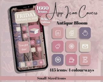 Antique Bloom App Icons: White Edition - Pink Purple Theme - Small Icon Size (Digital Download)