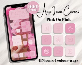 May include: A smartphone displays a pink theme with app icon covers. The image shows a pink ice cream cone wallpaper and a set of pink app icons. Text on the image reads "App Icon Covers", "Pink On Pink", "1660 icons", and "415 icons/4 colour-ways".