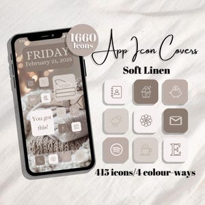 Puede incluir: Un smartphone que muestra cubiertas de iconos de aplicaciones en una combinación de colores lino suave. La pantalla muestra iconos de calendario, redes sociales y otras aplicaciones. La imagen incluye el texto "App Icon Covers", "Soft Linen" y "1660 icons". Hay 415 iconos en 4 combinaciones de colores.