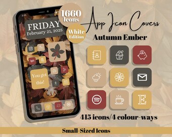 Autumn Ember App Icons: White Edition - Red Yellow Grey Brown Theme - Small Icon Size (Digital Download)