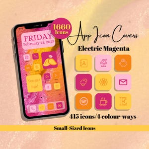 May include: A smartphone screen displaying a pink and orange gradient wallpaper with app icons, widgets, and the text FRIDAY February 21, 2025. Beside it are nine square app icon covers in shades of yellow, pink, and orange with line art designs.