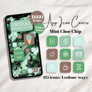 May include: A smartphone displays a custom app icon design with a mint chocolate chip ice cream theme. The design includes 1660 icons in a white edition, with 415 icons in 4 color variations. The screen shows the date, Friday, February 21, 2025.