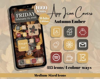 Autumn Ember App Icons: White Edition - Red Yellow Grey Brown Theme - Medium Icon Size (Digital Download)