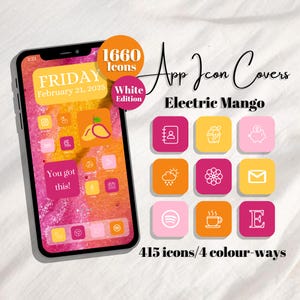 May include: A smartphone screen displays app icon covers in a vibrant Electric Mango theme. The screen shows a pink and orange background with app icons in pink, yellow, and orange. Text includes "1660 Icons", "White Edition", and "415 icons/4 colour-ways".
