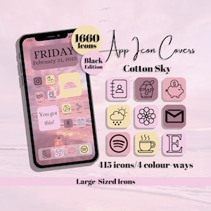 May include: A smartphone screen displays app icon covers in a Cotton Sky theme. The icons are in shades of pink, yellow, and black. The image includes the text "1660 icons", "Black Edition", and "415 icons/4 colour-ways".