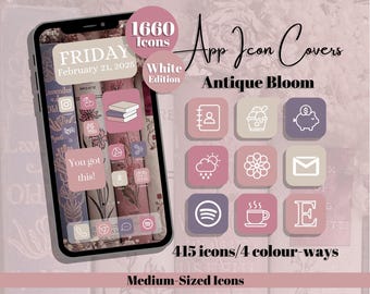 Antique Bloom App Icons: White Edition - Pink Purple Theme - Medium Icon Size (Digital Download)
