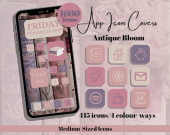 Antique Bloom App Icons – Pink Purple Theme - Medium Icon Size (Digital Download)