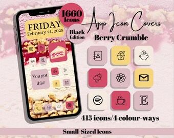 Berry Crumble App Icons: Black Edition - Cream Pink Yellow Purple Theme, Small Icon Size (Digital Download)