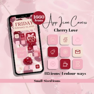 Cherry Love アプリアイコン - ピンクレッドテーマ、小さいアイコンサイズ（デジタルダウンロード）