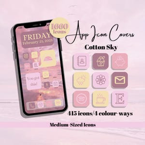 May include: A smartphone displays app icon covers in a Cotton Sky theme. The screen shows a sunset background with custom icons in pink, yellow, and purple. Text includes "1660 icons", "415 icons/4 colour-ways", and "Medium-Sized Icons".