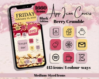 Berry Crumble App Icons: Black Edition - Cream Pink Yellow Purple Theme, Medium Icon Size (Digital Download)