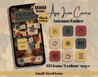 Autumn Ember App Icons: Black Edition - Red Yellow Grey Brown Theme - Small Icon Size (Digital Download)