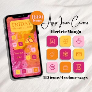 May include: A smartphone screen showcases app icon covers in an Electric Mango theme. The display features a pink and orange backdrop with icons in pink, orange, and yellow. Text includes "1660 Icons", "App Icon Covers", and "415 icons/4 colour-ways".