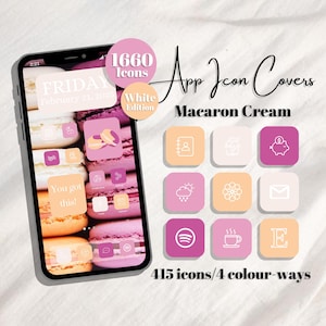 May include: A smartphone screen displays app icon covers in a Macaron Cream theme. The icons are in shades of pink, peach, and white. The screen shows the date, Friday, February 21, 2025. The image also includes the text "1660 Icons" and "415 icons/4 colour-ways."