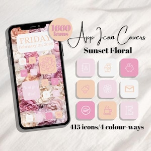 May include: A smartphone displays a floral wallpaper with app icon covers. The text reads "App Icon Covers Sunset Floral" with 415 icons in 4 color schemes. The phone screen shows the date "Friday, February 21, 2025."