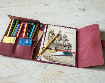Funda para bloc de dibujo personalizada, funda de cuero para cuaderno de dibujo, funda para cuaderno de dibujo A5, regalos para artistas, cuaderno de dibujo recargable, funda para cuaderno de dibujo hecha a mano.