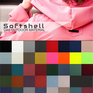 Può includere: Una giacca softshell rosa con una cerniera nera e una toppa nera sulla tasca. Il testo "Softshell Das Outdoor Material" è stampato sulla giacca. Una tavolozza di colori di 36 colori diversi è mostrata sotto la giacca.