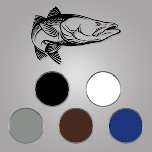 Puede incluir: Silueta en blanco y negro de un pez con un ojo rojo. El pez está mirando hacia la derecha y tiene un diseño detallado. La imagen está sobre un fondo gris con cinco muestras de color debajo del pez: negro, blanco, gris, marrón y azul.