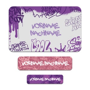 Set di 50 adesivi personalizzati con il nome desiderato per bambini "Graffiti"