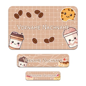 Set di 50 adesivi personalizzati con il nome desiderato per bambini "Coffeeshop"
