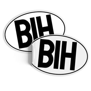 May include: Two white oval stickers with black text that reads "BIH".