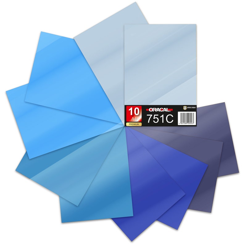 Puede incluir: Un paquete de 10 hojas de vinilo Oracal 751C premium en varios tonos de azul. Las hojas son de tama&ntilde;o A4 y est&aacute;n dispuestas en forma circular.