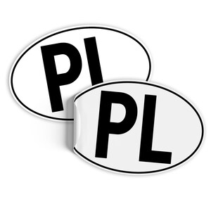 May include: Two white oval stickers with black lettering. The stickers say "PL" in black letters.