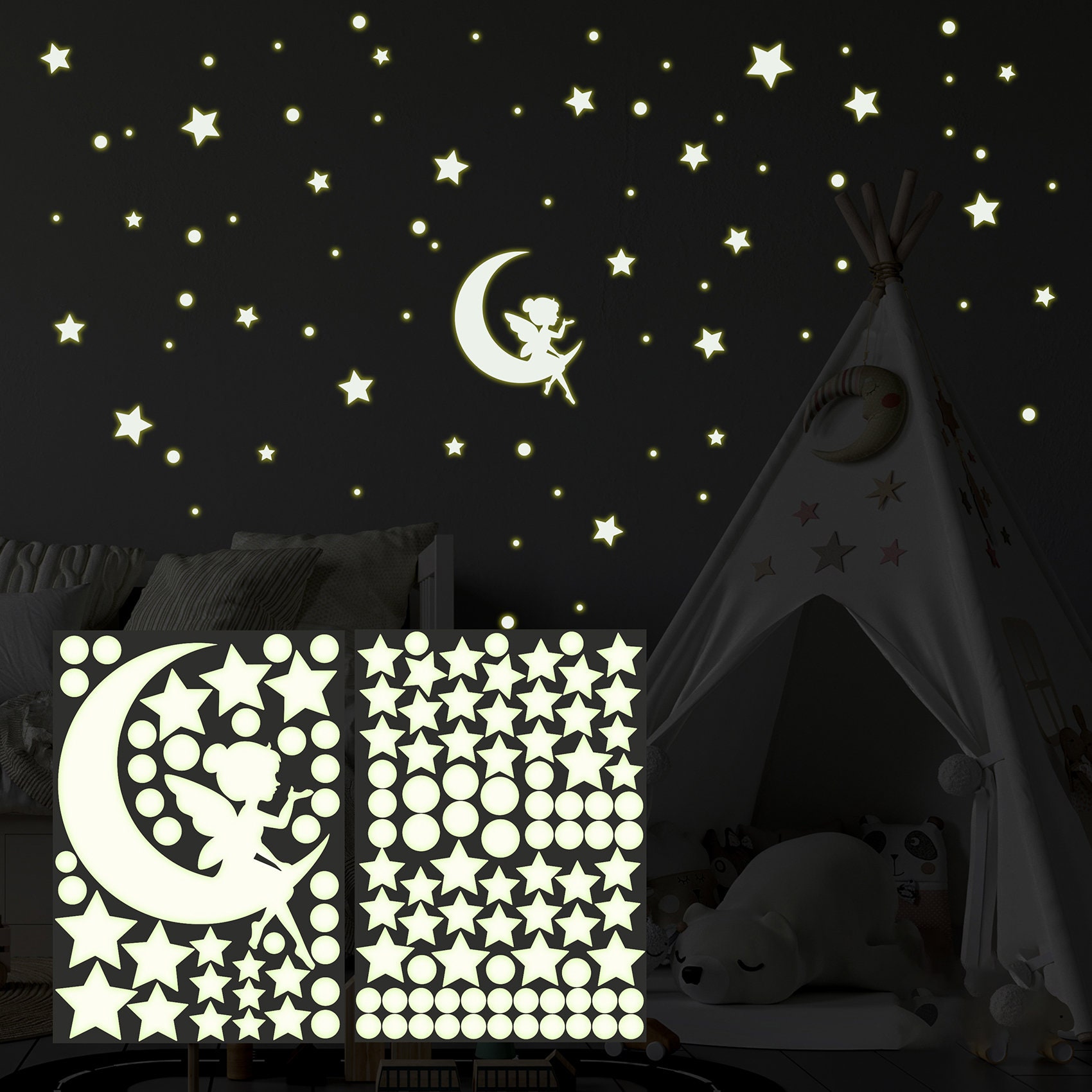 Wandtattoo nachtleuchtend Kinderzimmer Sterne Y058 Fee & Leuchtsterne