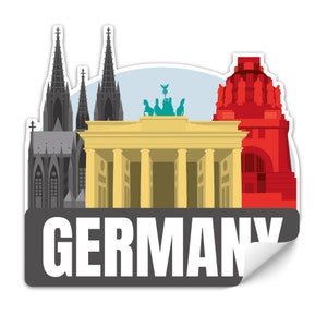 Może przedstawiać: Naklejka z  stylizowaną ilustracją słynnych zabytków Niemiec, w tym Bramy Brandenburskiej, Katedry w Kolonii i gmachu Reichstagu. Naklejka jest opisana jako "GERMANY" białym tekstem na szarym tle.