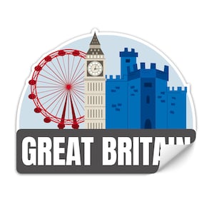 Może przedstawiać: Naklejka z czerwono-białym kołem widokowym, białą wieżą zegarową i niebieskim zamkiem. Naklejka ma napis "GREAT BRITAIN" na dole.