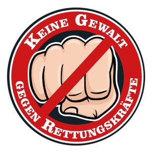 Pode incluir: Um círculo vermelho com uma linha vermelha diagonal que atravessa um punho fechado. O texto "KEINE GEWALT GEGEN RETTUNGSKRÄFTE" está escrito em torno do círculo em branco.