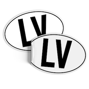 May include: Two white oval stickers with black lettering. Each sticker says "LV" in bold, black letters.