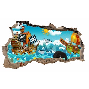 WL39 Tatouage mural trou mural pirate bateau pirate enfants requin 100 x 60 cm autocollant salon