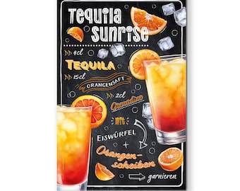 Letrero de cóctel de aluminio de 30 x 20 cm, impermeable, resistente, decorativo para bar, cocina, fiesta, letrero de cóctel, receta RV003-19 Tequila Sunrise