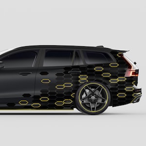 Lot de 2 autocollants en nid d&#39;abeille, 200 x 60 cm chacun, décoration voiture moto bus tuning vinyle autocollant voiture KX083-06 noir jaune