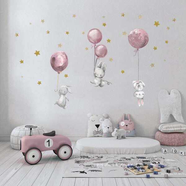 Wandtattoo Hasen mit Ballons Rosa DIN A4 Folie Aufkleber Tiere Kinderzimmer Deko Sticker Folie Wallprint Y037