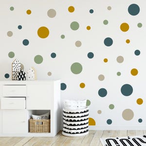 Op de afbeelding: Een witte muur met een verscheidenheid aan kleurrijke stippen stickers. De stickers zijn in tinten groen, blauw, geel en beige. De stickers zijn willekeurig op de muur geplaatst.