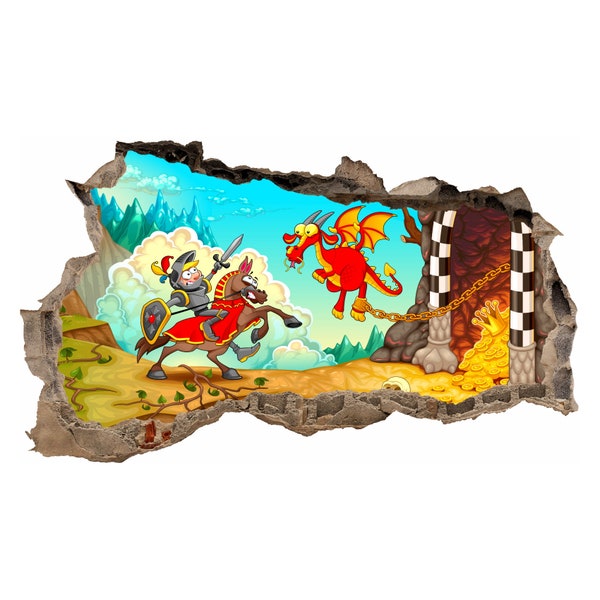 WL49 Tatouage mural trou mural chevalier dragon enfants 100 x 60 cm autocollant salon