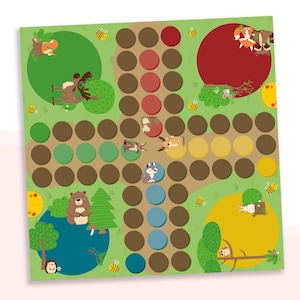 May include: A colorful game board with a woodland theme. The board features a path with brown, green, blue, and yellow circles. There are animal illustrations on the board, including a bear, a moose, a fox, a rabbit, and a squirrel.