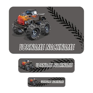 Set di 50 adesivi personalizzati con il nome desiderato per bambini "Monster Truck"