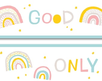 Vinilo decorativo de pared para habitación infantil, cenefa "Arcoíris de Buenas Vibras", 15 cm x 200 cm, autoadhesivo, vinilo para pared, pegatina para bebés, adhesivo de pared