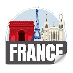 May include: A sticker with a gray background and white text that says "FRANCE". The sticker features a blue and white Eiffel Tower, a red archway, and a white building with a gray roof.