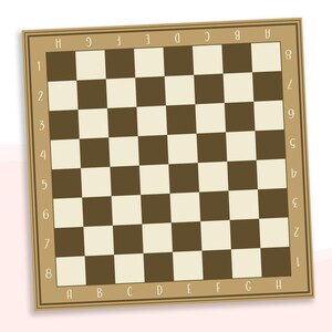 May include: A brown and white checkered chessboard with a brown frame and black numbers and letters around the edges.