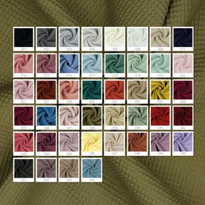 Könnte beinhalten: Eine Farbmusterkarte mit 54 verschiedenen Stoffproben. Die Proben sind in einem Raster von 9 Reihen und 6 Spalten angeordnet. Die Stoffproben sind in verschiedenen Farben, darunter Schwarz, Weiß, Rot, Blau, Grün und Braun.