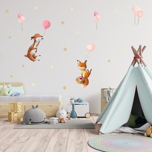 Muurtattoo bosdieren ballonnen roze DIN A4 foliesticker dieren kinderkamer decoratiesticker folie muurprint Y037