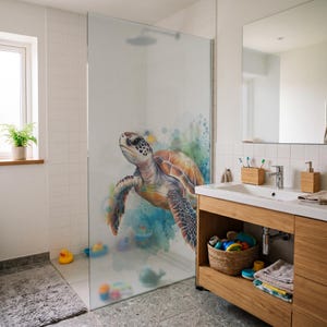 Könnte beinhalten: Eine Duschwand aus Milchglas mit einer farbenfrohen Aquarellillustration einer Meeresschildkröte. Die Schildkröte ist in Orange-, Braun- und Blautönen dargestellt und schwimmt inmitten abstrakter blauer und grüner Farbspritzer auf der Glasoberfläche.