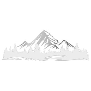 Puede incluir: Silueta en escala de grises de una cordillera con picos detallados y un bosque de árboles en la base. El diseño es una representación minimalista de la naturaleza, adecuado para productos temáticos al aire libre.