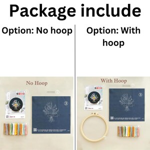 May include: Two embroidery kits with a floral design. The kit on the left includes a piece of fabric, embroidery floss, and a needle. The kit on the right includes the same items plus a wooden embroidery hoop.