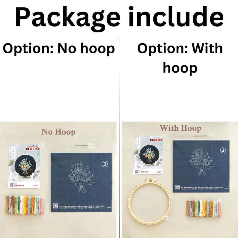 May include: Two embroidery kits with a floral design. The kit on the left includes a piece of fabric, embroidery floss, and a needle. The kit on the right includes the same items plus a wooden embroidery hoop.