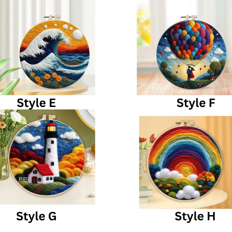 May include: Four different embroidery hoop art pieces. The first piece features a blue wave crashing against a yellow and orange sunset. The second piece features a hot air balloon with colourful balloons and a couple holding hands. The third piece features a white lighthouse with a red roof and a small house with a red roof. The fourth piece features a rainbow with a yellow sun and green hills.